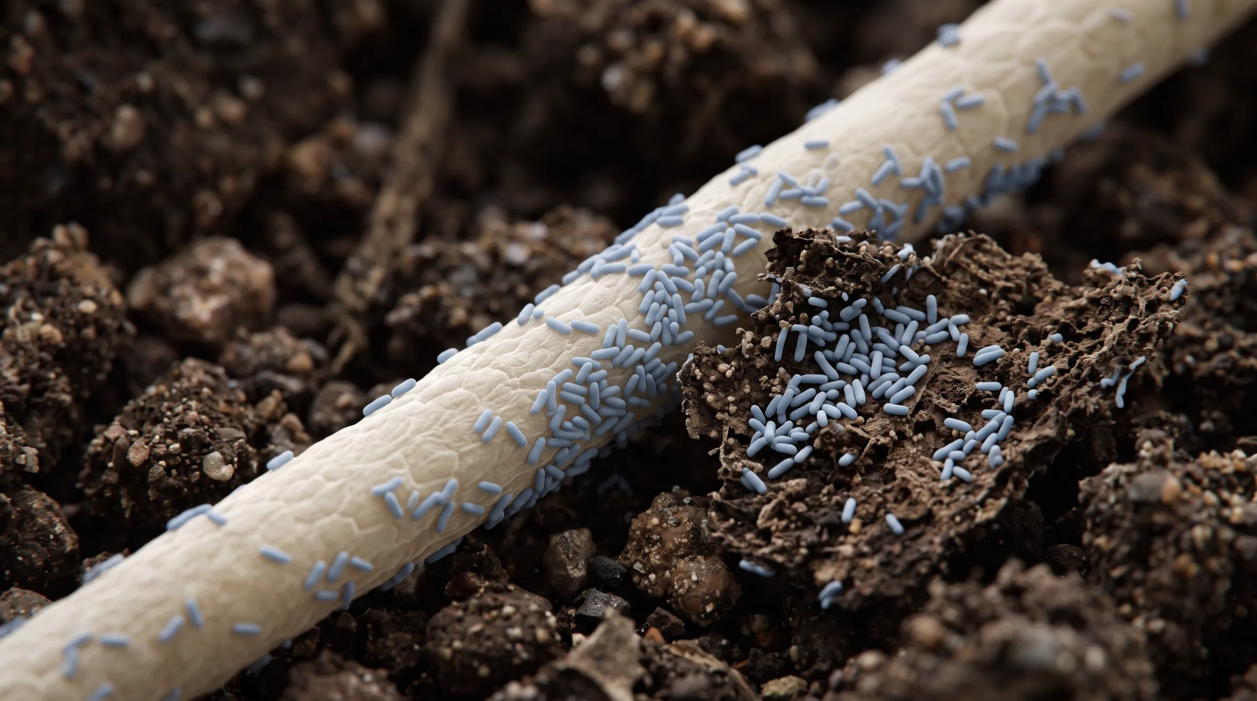 Yakın çekim: kök tüyü ve organik maddenin üzerinde mavi Bacillus bakterileri